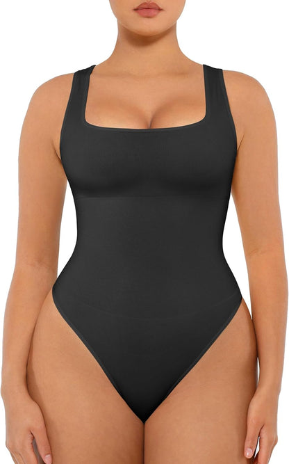 FeelinGirl Bodysuits for Women Seamless Square Neck Tummy Control Compression Thong Shapewear Bodysuit Tank Tops Bodysuit
