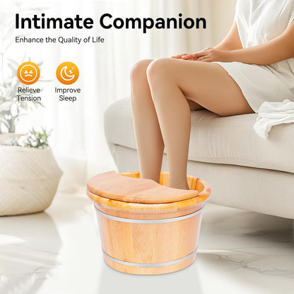 9.84in Tall Wood Foot Soaking Tub with Lid and Massage Roller, Pedicure Bowl for Feet, Portable Traditional Wood Foot Bath Basin for Massage Relaxing, Fatigue Relief