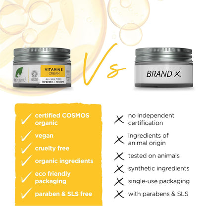 Dr. Organic Vitamin E Moisturising and Restoring Cream | Deeply Hydrates, Restores Skin’s Natural Balance, Natural, Certified Organic, Paraben & SLS-Free, 50 mL / 1.7 fl oz