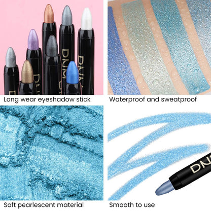 Kaely 4Pcs Metallic Shimmer Eye Shadow Sticks Set, Sky Blue Dazzling Blue Greenish Cyan Royal Blue, Eyeliner Pencil Eyeshadow Palette Halloween Makeup, Eye Highlighter Brightener Stick for Women