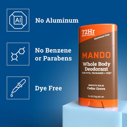 Mando Whole Body Deodorant For Men - Smooth Solid Stick - 72 Hour Odor Control - Aluminum Free, Baking Soda Free, Skin Safe - 2.6 Ounce (Pack of 2) - Cedar Grove