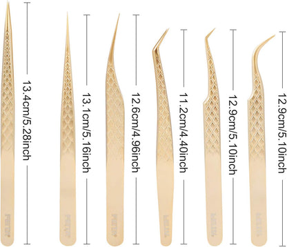 FEITA Eyelash Extension Tweezer Set Gold Lash Applicator Tool - Precision Lashes Diamond Grip Tweezers for 2D-6D Volume & Individual Eyelashes Extensions Supplies (6Pcs)