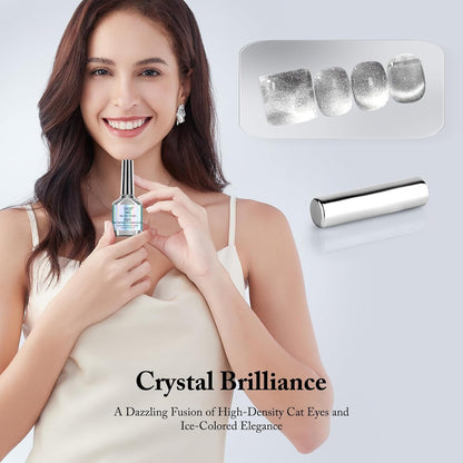 Cat Eye Gel Nail Polish with Magnet Stick, 15ml Glitter Holographic Nail Polish, Magnetic Effect Gel for Home DIY Manicure Gift, Ethereal Gray