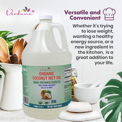 Verdana USDA Certified Organic Coconut MCT Oil –Fractionated Coconut Oil – No Palm Kernel Used – Kosher, Food Grade, Non-GMO – Great for Keto and Paleo Diets, Oil Pulling Rinse Mouthwash – 1Gallon