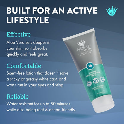 Aloe Up Sport Sunscreen Lotion SPF 15 - Broad Spectrum UVA/UVB Sunscreen Protector for Face and Body - With Hydrating Aloe Vera Gel - Non-Greasy - No White Cast - Reef Safe - Fragrance-Free - 6 Oz