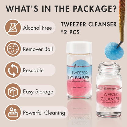 2 Bottles Tweezer Cleanser for Eyelash Extensions Tweezers Glue Remover Liquid for Lash Tools with 2 Spongeballs(2 Bottles Cleanser)