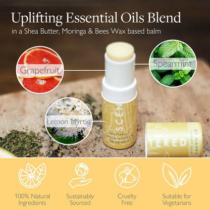 Scentered Aromatherapy Balm Stick - Happy - Mood Boost Roll On Essential Oils Blend for Positive Thinking - 100% Natural: Grapefruit, Cedarwood, Lemon Myrtle Essential Oil - Positive Gifts for Women