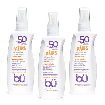 BU SPF 50 Fragrance Free Kids Sunscreen Spray for Face and Body, TSA Travel Size Sunscreen, Clear Non Aeorsol Spray, Non Greasy, Water Resistant and Oil Free, 3.3 oz (3-pack)