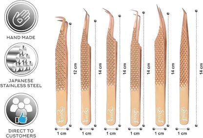 SIVOTE Eyelash Extension Tweezers Fiber Tips, Set of 6, Curved, Dolphin, 90 Degree 45 Degree, Volume Boot & Slight Curved Tweezer, Rose Gold