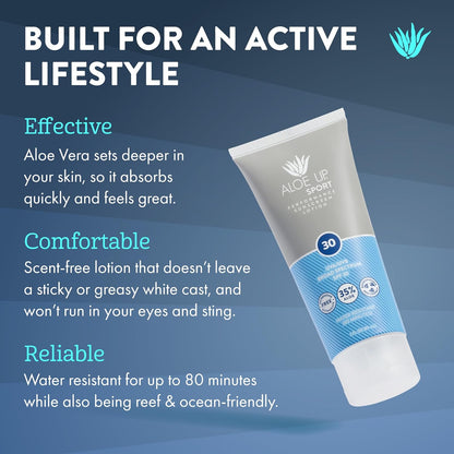 Aloe Up Sport Sunscreen Lotion SPF 30 - Broad Spectrum UVA/UVB Sunscreen Protector for Face and Body - With Hydrating Aloe Vera Gel - Non-Greasy - No White Cast - Reef Safe - Fragrance-Free - 3 Oz.