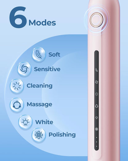Pink Electric Toothbrushes, with 8 Brush Heads, 1 Travel Toothbrush Case, for Adults and Kid Electric Toothbrush, Long 180-Day Battery Life, 6 Modes, IPX7 Waterproof, Smart 2-Minute Timer.