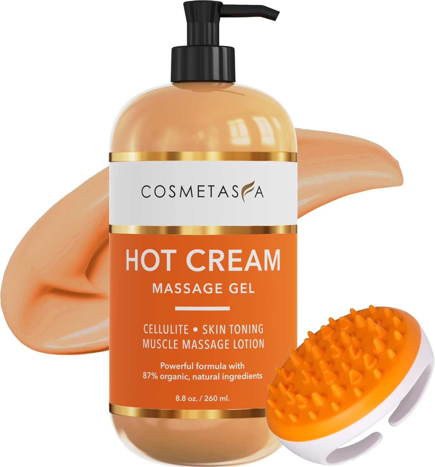 Cosmetasa Hot Cream Massage Gel with Massager Mitt- Natural and 87% Organic Cellulite Cream - Multi Use, Skin Toning, Joints and Muscle - 8.8 oz