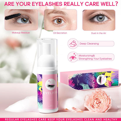 Buqikma Lash Cleaning Kit - Lash Shampoo Kit Eyelash Extension Cleanser for Extensions 60ML with Rechargeable Handheld Lash Fan Dryer Mascara Brush Rinse Bottle Makeup Cleansing Foam for Lash Care