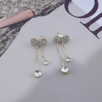 Vintage Crystal Bow Chain Drop Earrings Long Rhinestone Chain Earrings Cz Chain Tassel Earrings Gold Bowknot Stud Earrings Jewelry for Women