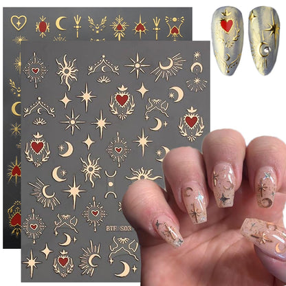 8 Sheets Metallic Nail Art Stickers Bronzing Star Moon Nail Decals 3D Self-Adhesive Gold Silver Nail Art with Heart Charms Design Moon Star Nail Stickers for Women Manicure Decoration Accessories