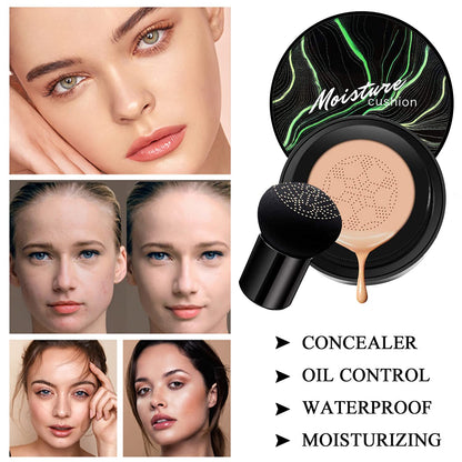 2 PCS Mushroom Head Air Cushion CC Cream Nature Foundation,Foundation Brush Powder Brush,Moisturizing Concealer, Bright Makeup Base Long Lasting with Mushroom Makeup Sponge(#05 Sand)