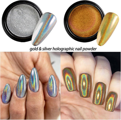 Chrome Nail Powder Set 14 Colors Pink Blue Silver Metallic Effect Mirror Powder for Nails with Brushes Holographic Pigment Chameleon Flakes for Nails Gold Leaf Decoration Nail Supplies