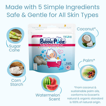 TruKid Bubble Podz Bubble Bath for Kids, Toddlers, & Babies, Tear Free Gentle & Refreshing Bath Bomb for Sensitive Skin with Natural Moisturizers, Non-Toxic, pH Balanced, Watermelon Scent (24 Podz)