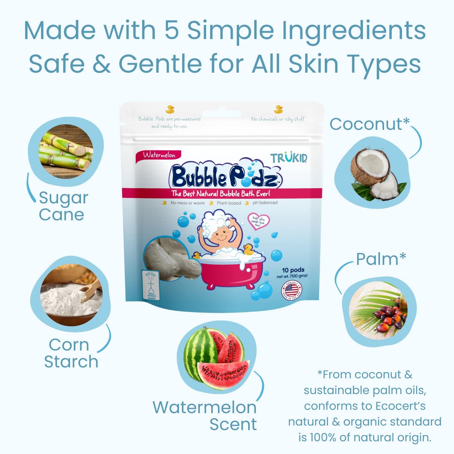 TruKid Bubble Podz Bubble Bath for Kids, Toddlers, & Babies, Tear Free Gentle & Refreshing Bath Bomb for Sensitive Skin with Natural Moisturizers, Non-Toxic, pH Balanced, Watermelon Scent (60 Podz)