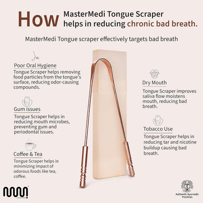 MasterMedi Pure Copper Tongue Scraper for Adults, Tongue Scrubber for Bad Breath, Easy to Use, Tongue Cleaner for Oral Care & Hygiene (Copper Pack of 1 With Case)