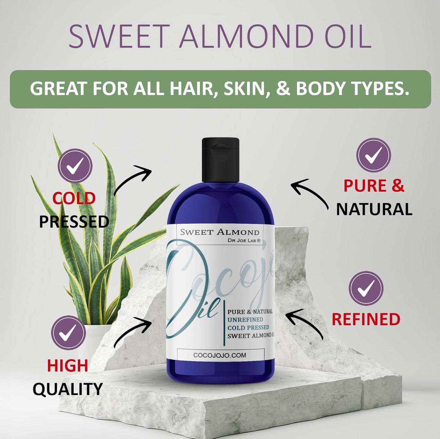 Dr Joe Lab Sweet Almond Oil 8 oz Pure Natural Cold Pressed Unrefined Extra Virgin - for Hair Skin Body Nail and Beard Carrier Oil for Essential Oils - Moisturizes, Soothes, Hydrates, & Nourishes