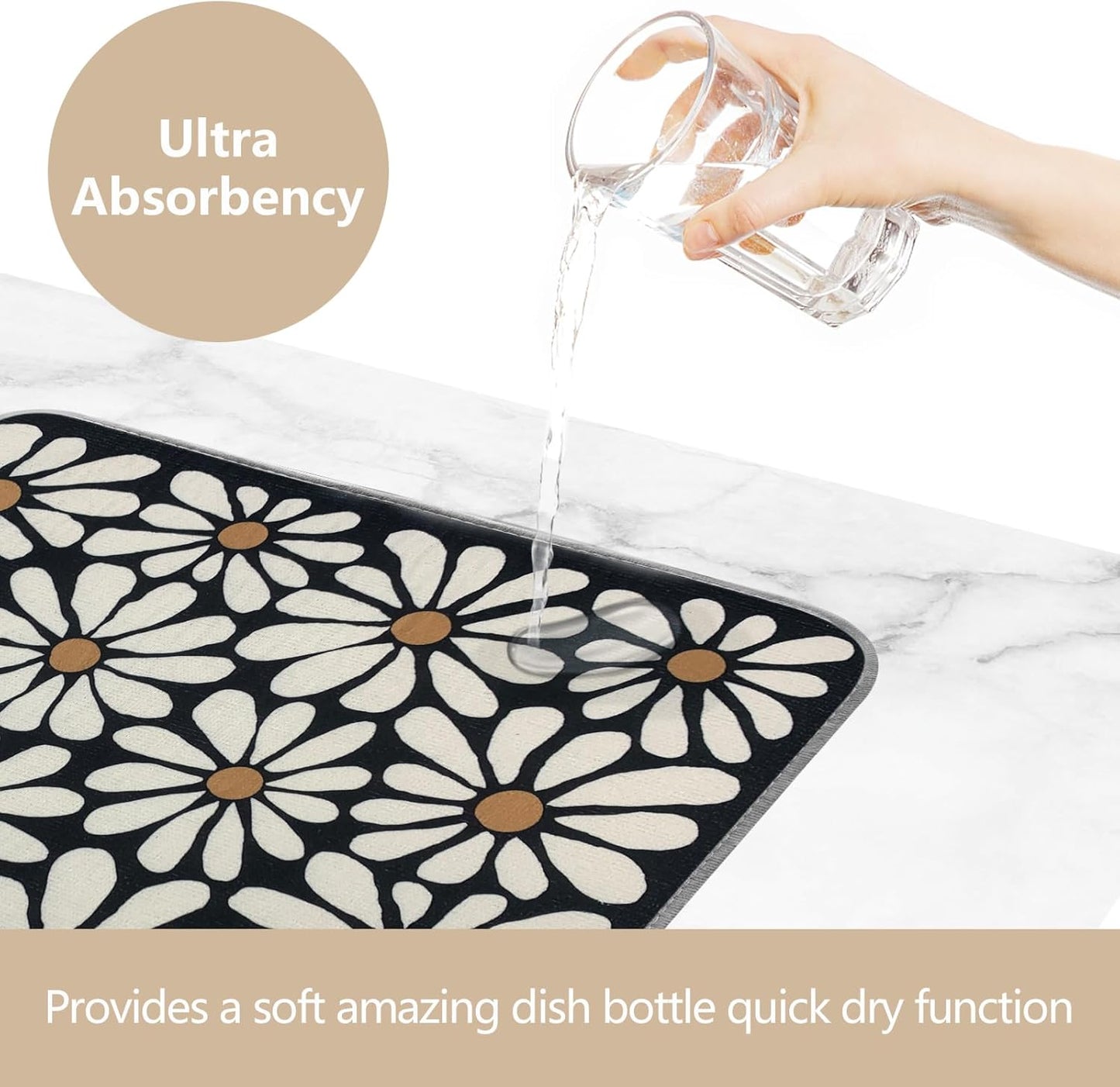 SHIYUE Dish Drying Mat for Kitchen Counter Super Absorbent Spring Kitchen Decor Microfiber Drying Matainers Rack Fast Pad Dish Drainer Mats(Black Flower,18''x24'')