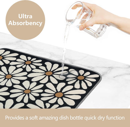 SHIYUE Dish Drying Mat for Kitchen Counter Super Absorbent Spring Kitchen Decor Microfiber Drying Matainers Rack Fast Pad Dish Drainer Mats(Black Flower,18''x24'')
