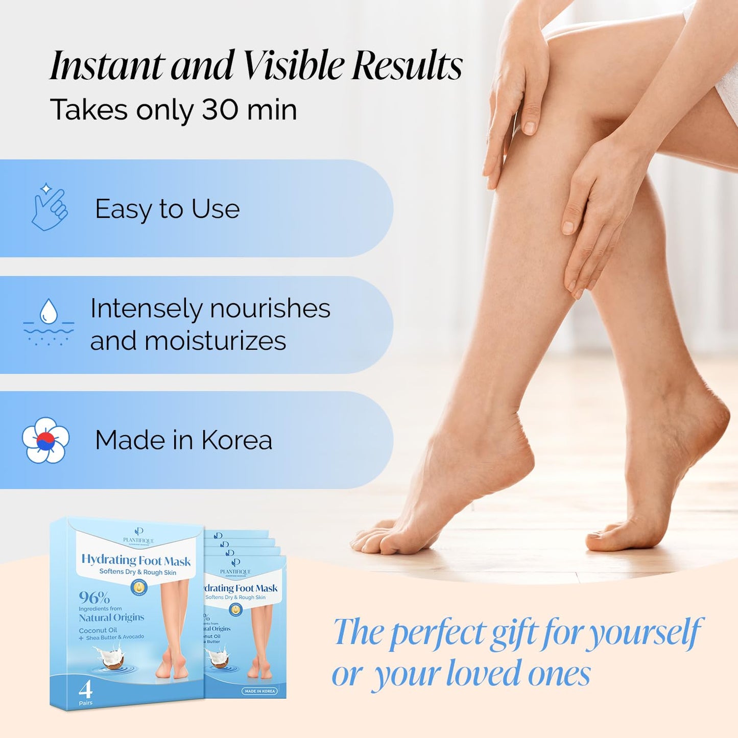 PLANTIFIQUE Korean Foot Mask with Shea Butter 4 Pairs box for Dry & Cracked Feet | Hydrating Socks for Soft Heels | Intense Moisturizing and Repairing Dry Rough Skin | Foot Spa | Happy Feet Mask