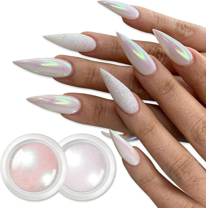 BORN PRETTY White Pearl Chrome Nail Powder And Chameleon Aurora Nail Powder Pigment Mermaid Pigment Pearl Glitter Dust Kit,Nail Art Decoration 2Boxes