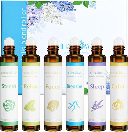 Aromatherapy Essential Oils Roll On Set, Natural Pre-diluted Blend Oils for Skin Use, Relaxation Gift for Women & Men, Pack 6 x10ml