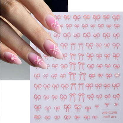 12 Sheets Self-Adhesive Bow Nail Stickers - 3D Decals for Nail Art - Black, White, Pink - DIY Manicure Decorations for Women & Girls