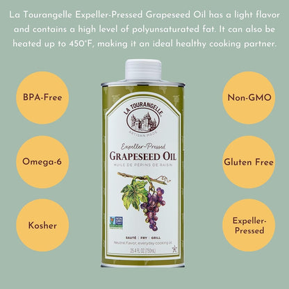 La Tourangelle, Expeller-Pressed Grapeseed Oil, High Heat Neutral Cooking Oil, Cast Iron Seasoning, Also Great for Skin, Hair, and DIY Beauty Recipes, 25.4 fl oz