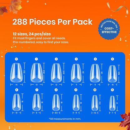 Beetles Gel Nail Tips Short Coffin Pre-Etched Nail Tips, 12 Sizes 288 Pcs Full Cover Soft Tips Half Matte False Nails Clear Acrylic Glue on Nails Extension DIY Manicure Gifts for Women