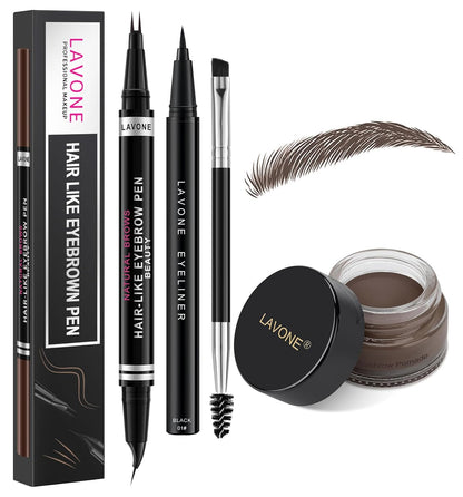 LAVONE Hair-Like Eyebrow Pen Makeup kit, Eyebrow Pencils for Women with Waterproof Microblading Eyebrow Pencil, Eyebrow Pomade, Eyeliner and Eyebrow Brush, Create Full, Natural Brows, Black Brown