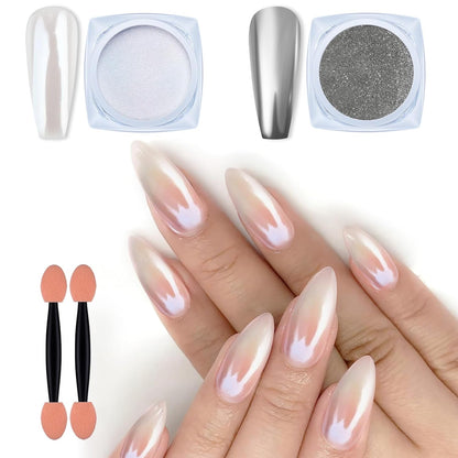 Artdone 2 Jars Chrome Nail Powder White Pearl and Silver Chrome,Iridescent Aurora Powder Metallic Mirror Effect Pigment Pearlescent Mermaid Pigment Glitter Dust Kit Acrylic Resin Craft