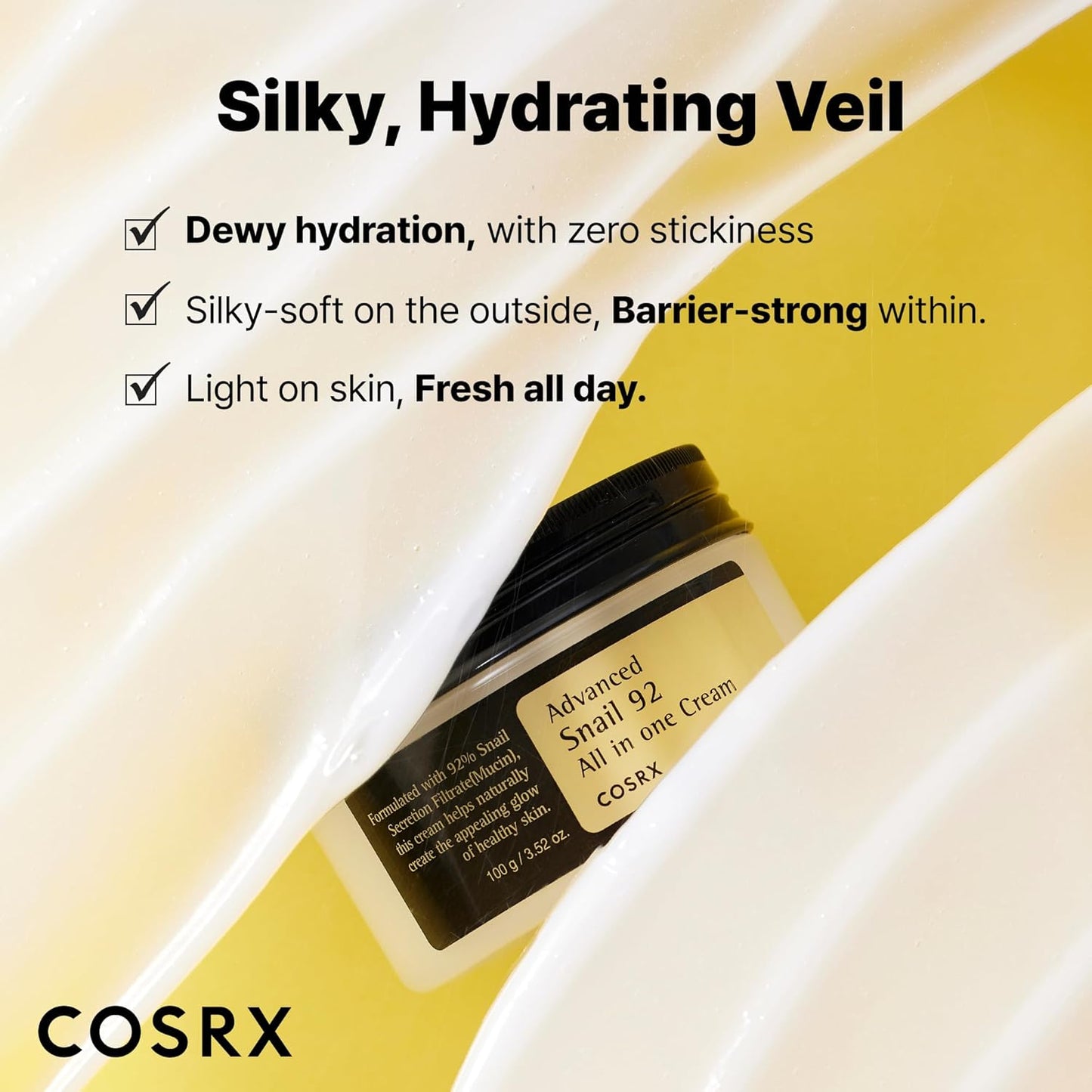 COSRX Snail Mucin 92% Face Moisturizer, 3.52 Oz, Lightweight Moisturing Cream for Soft, Glowy Skin, Korean Skin Care, Korean Moisturizer Face Cream