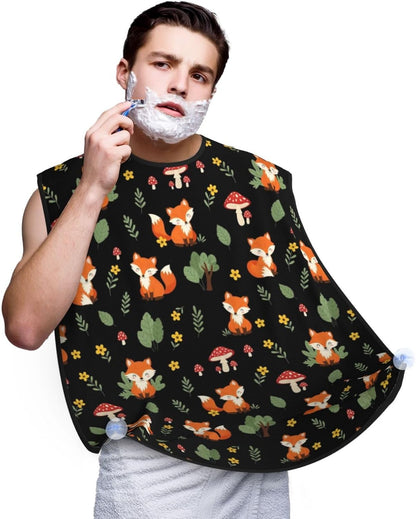 Beard Bib with 3 Suction Cups, Non-Stick Waterproof Hair Catcher Apron, Men's Shaving Essential for Grooming, Red Mushroom Green Leaves Flowers Floral Fox Black Shave Bib