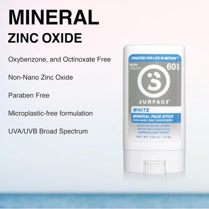 Surface Mineral Sunscreen Face Stick SPF 60, Lightweight Non-Nano Zinc Oxide Formula, Reef Friendly, Broad Spectrum UVA UVB Protection, Water Resistant Sun Care for 80 Minutes, Clear, 0.5oz