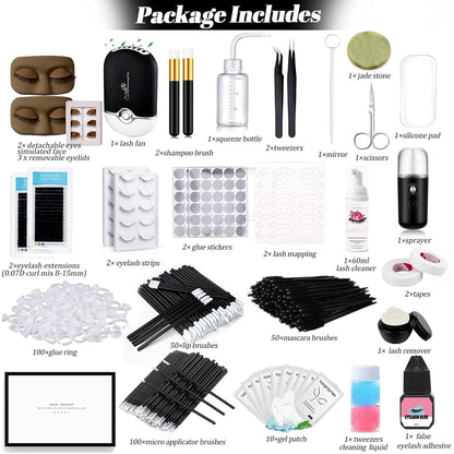 Lash Extension Kit for Beginners Lash Mannequin Head with Replaced Eyelids False Eyelashes Practice Eyelash Strips Facial Mister Tweezers Glue USB Fan Professional Set