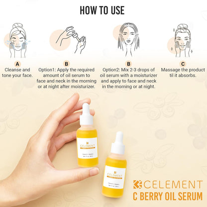 C Berry Oil Serum with Vitamin C, Sea Buckthorn, Rosehip, Jojoba, Squalane - Reduces Hyperpigmentation, Age Spots, Scars, Fine Lines - Nail and Cuticle Treatment - Glowing Skin, 1 fl. oz