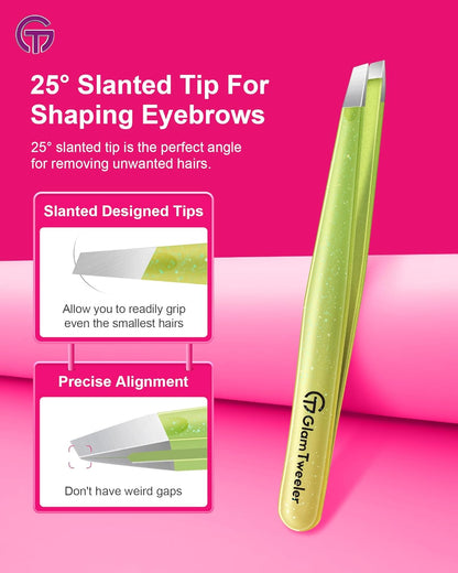 Expert Slant and Point Tip Tweezer Set with Exclusive Storage & Carrying Case, GlamTweeler Sharp & Precision Tweezer Set for Eyebrows, Facial Hairs & Fine Hairs Removal (Sparkle Apple Green + Silver)