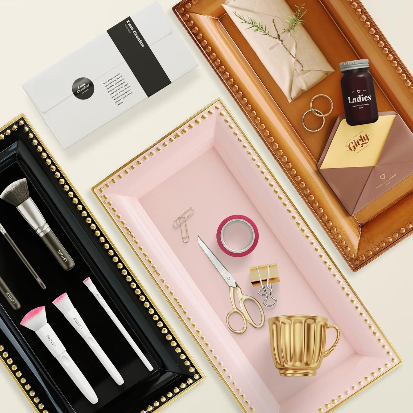 2 Pack Black Bathroom Vanity Tray for Countertop with Beads, Small Plastic Toilet Tank Versatile Storage Organization Tray for Makeup, Perfume, Desk, Kitchen, Candles, 14"x7"x1", 36B