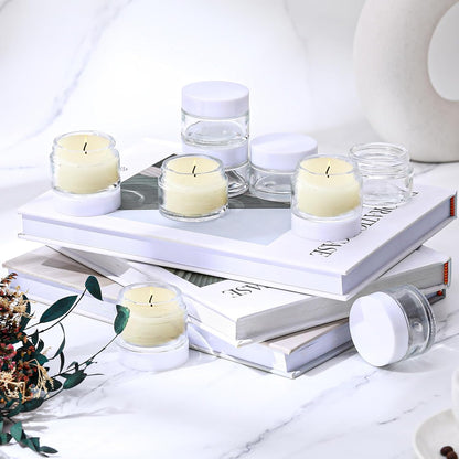 Domensi 100 Pcs 1 oz Glass Jars with Lids Bulk Round Glass Cosmetic Jars Lids 1 oz Small Travel Containers with Inner Liner for Lotions Powders Ointments Sample Cream(Clear, White)