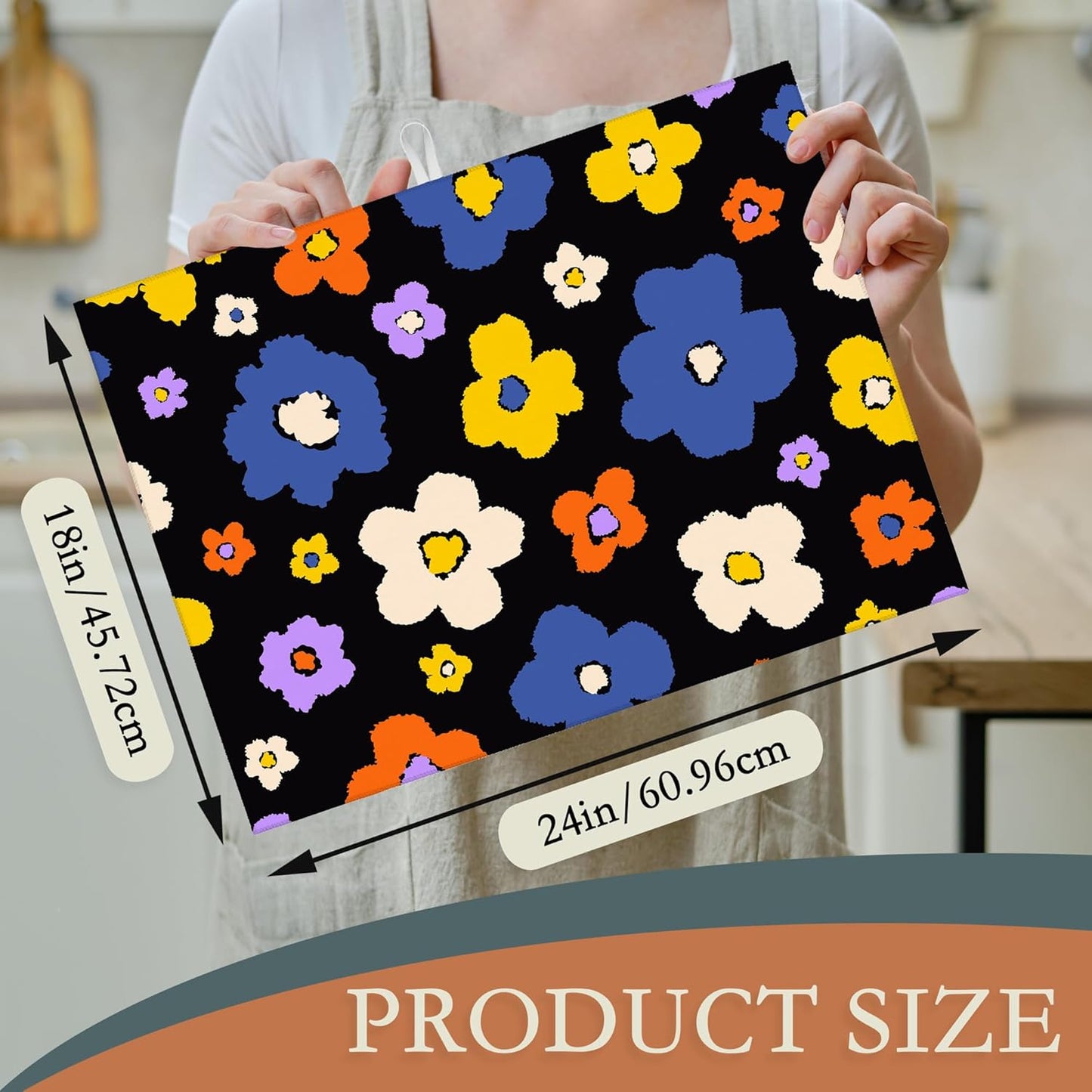 Retro Groovy Hippie Boho Dish Drying Rack Mat for Kitchen Counter,Daisy Flower Dish Drying Pad Absorbent Reversible Microfiber Protector for Coffee Bar Sink Countertops 18x24 Inch