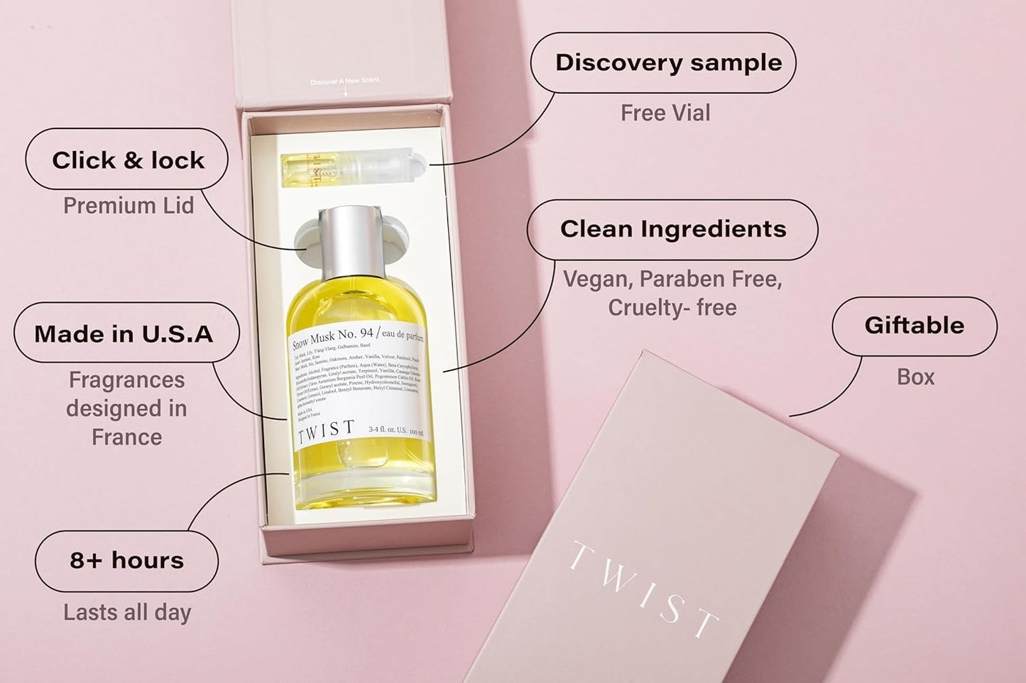 Twist Snow Musk No. 94 Inspired by The Body S. White Musk, Long Lasting Perfume For Women, Paraben Free, Vegan, Clean Ingredients, Fragrance - Spray 100 ml | 3.4 fl. oz.