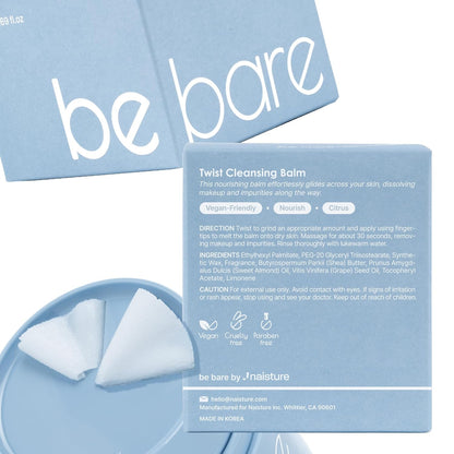 Bebare Twist Cleansing Balm with Hygienic Twist Dispenser: Cleanser for Heavy Makeup Removal, Hydrating Facial Wash for All Skin Types. Korean Vegan Skincare with Natural Oils, 1.69 Fl Oz