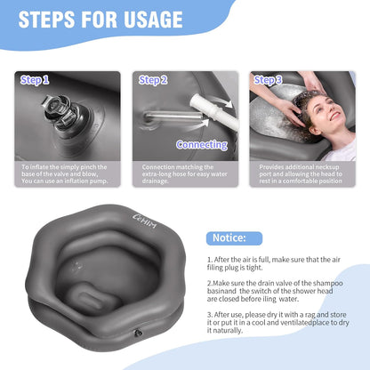 Inflatable Shampoo Basin for Bedridden, Elderly & Disabled - Petal-Shape Large Size, 360° Neck Support, Central Drain Hole with Pull Ring | Leak-Proof PVC Portable Hair Washing Bowl (Grey)