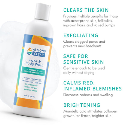 Face & Body Wash [6.7 Fl Oz] Skin Care for Acne and Folliculitis-Prone Skin - Gentle Everyday Exfoliating Cleanser with Mandelic Acid and Botanicals