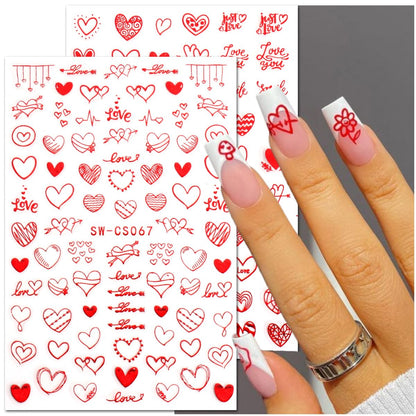 8 Sheets Valentines Nail Stickers Decal 3D Self-Adhesive Romantic Red Heart Nail Art Stickers Love Hearts Nail Design Acrylic Nail Art Supplies Valentines Day Nail Decals for Women DIY Nail Decoration