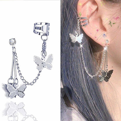 Silver Butterfly Chain Tassel Cuff Earrings Vintage Long Butterfly Hinge Dangle Drop Earrings Single Butterfly Ear Clips Statement Butterfly Crawler Cuff Earrings Jewelry for Women Girls
